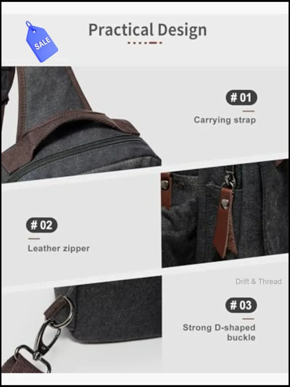 Canvas Sling Crossbody Backpack Messenger Bag 11 Pockets